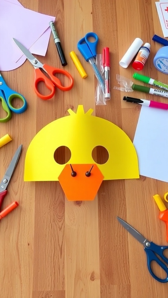 A vibrant duck mask made from cardstock, with an orange beak and eye holes, on a crafting table.